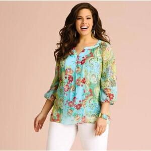NWOT Anthropologie Fig & Flower Floral Peasant Tunic Top S Blue Artsy Colorful